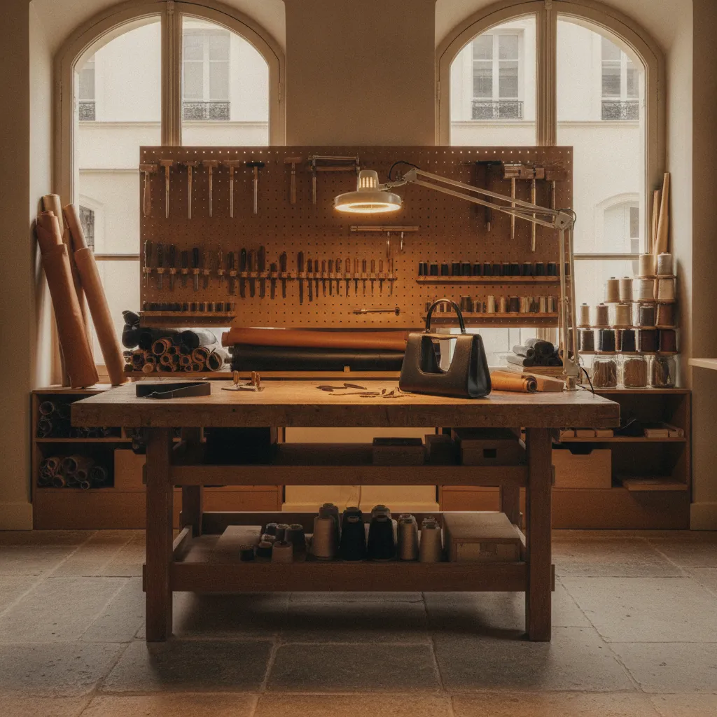 Un atelier parisien de maroquinerie équipé pour la restauration : outillage de sellier, cuirs sourcés en tannerie française et fils de lin