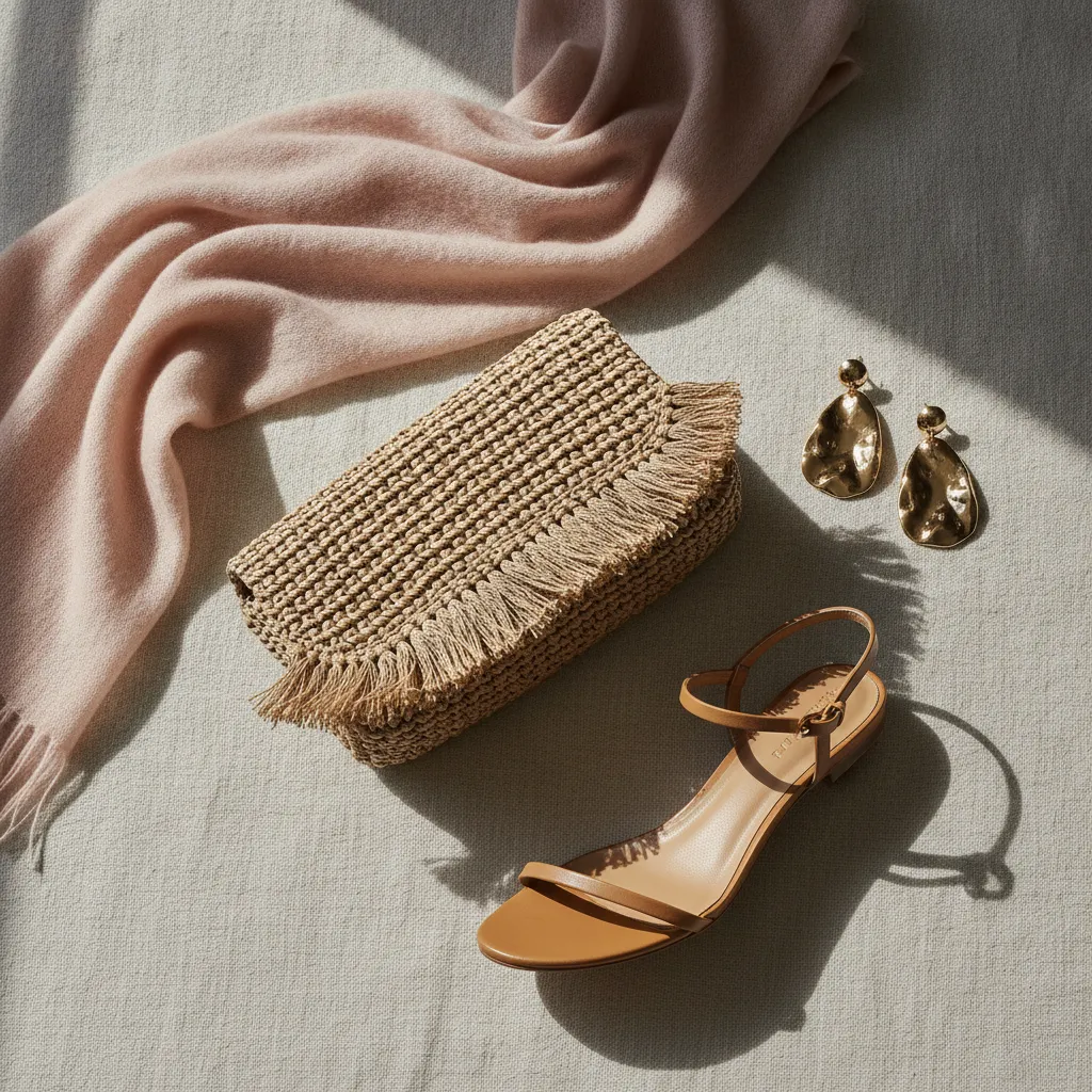 Pochette raphia, boucles en or martelé, sandales cuir et étole cachemire : le quatuor d'accessoires bohèmes