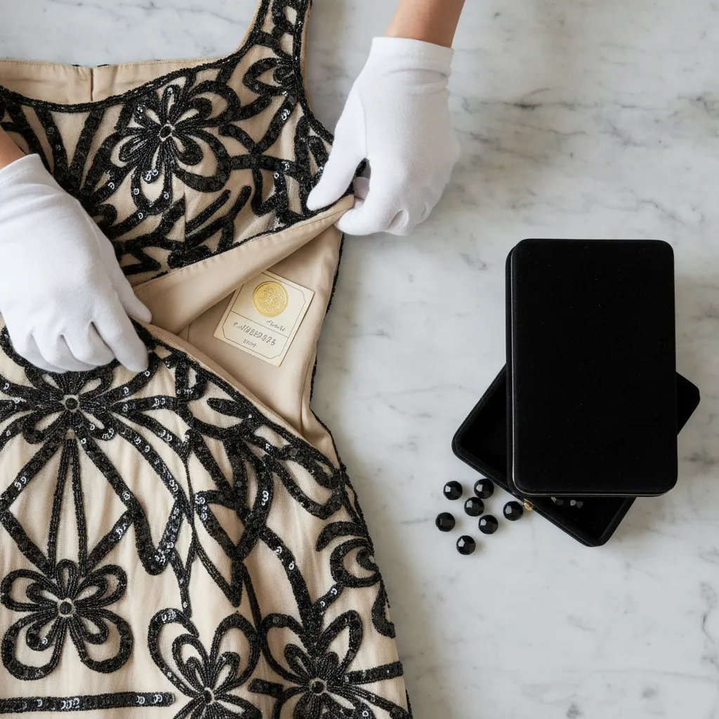 Authentification d'une robe cocktail haute couture vintage : la griffe cousue main et le numéro de passage sont des indices clés