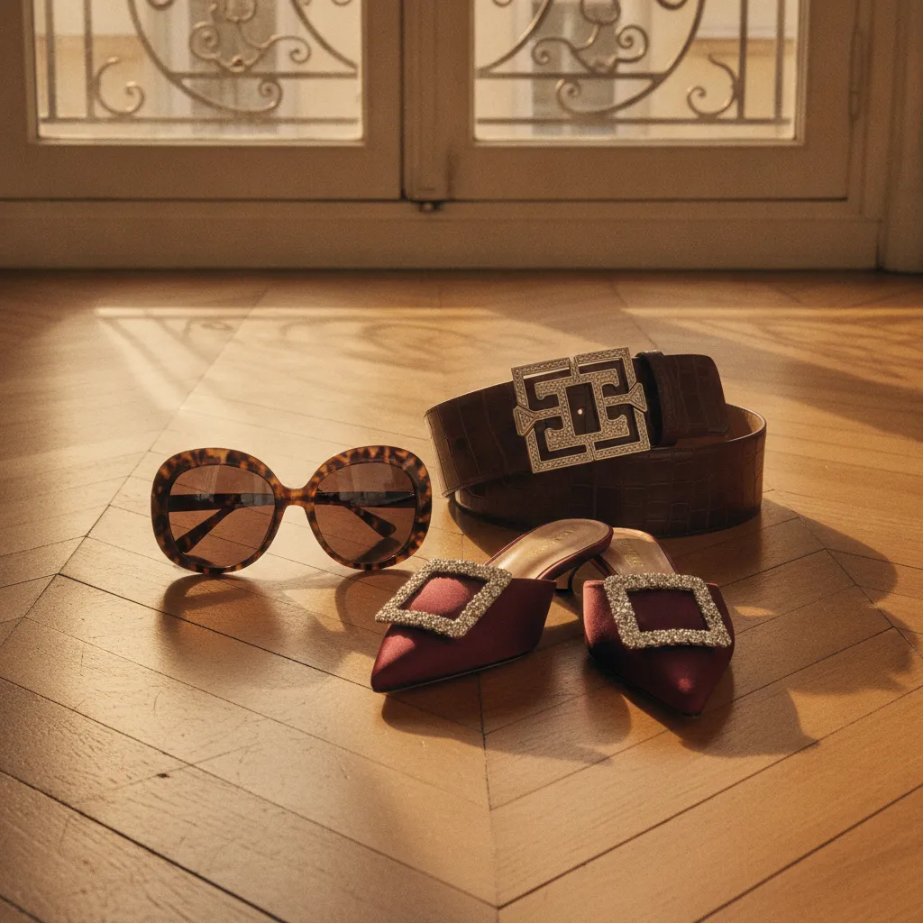 Lunettes oversize, ceinture large en cuir repoussé et mules à boucle : le trio accessoire qui complète le vestiaire 2026