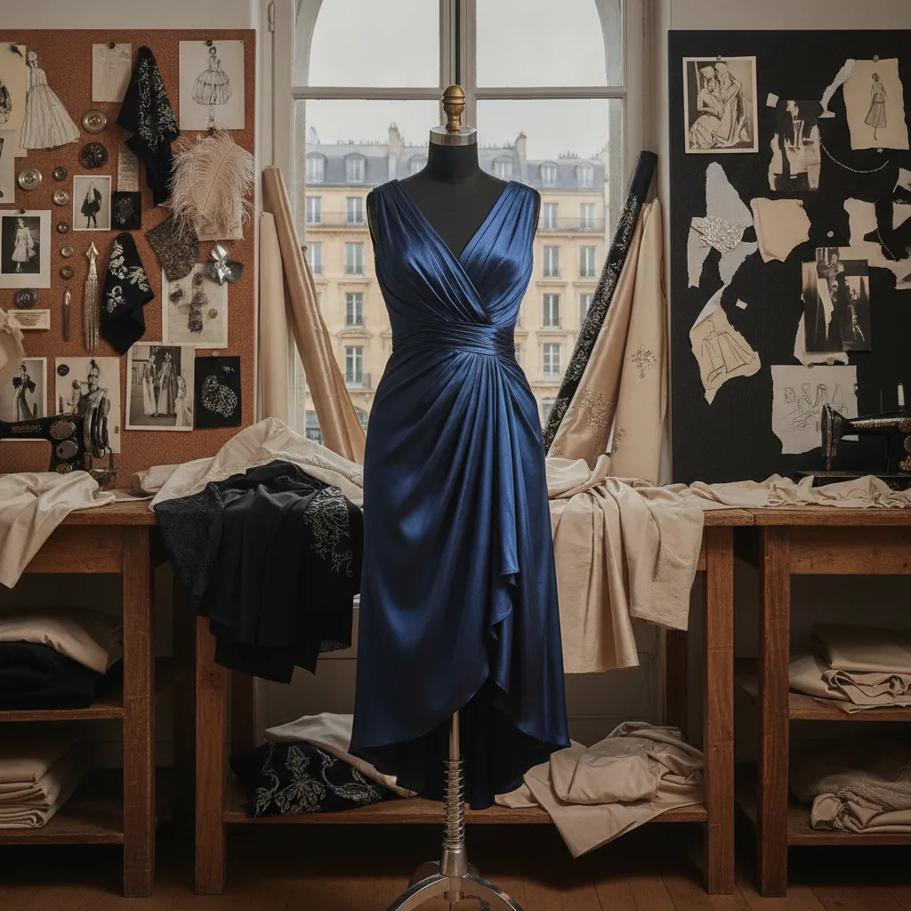 Résultat d'une transformation avec teinture bleu nuit : la coupe trapèze au genou est la silhouette la plus demandée en atelier