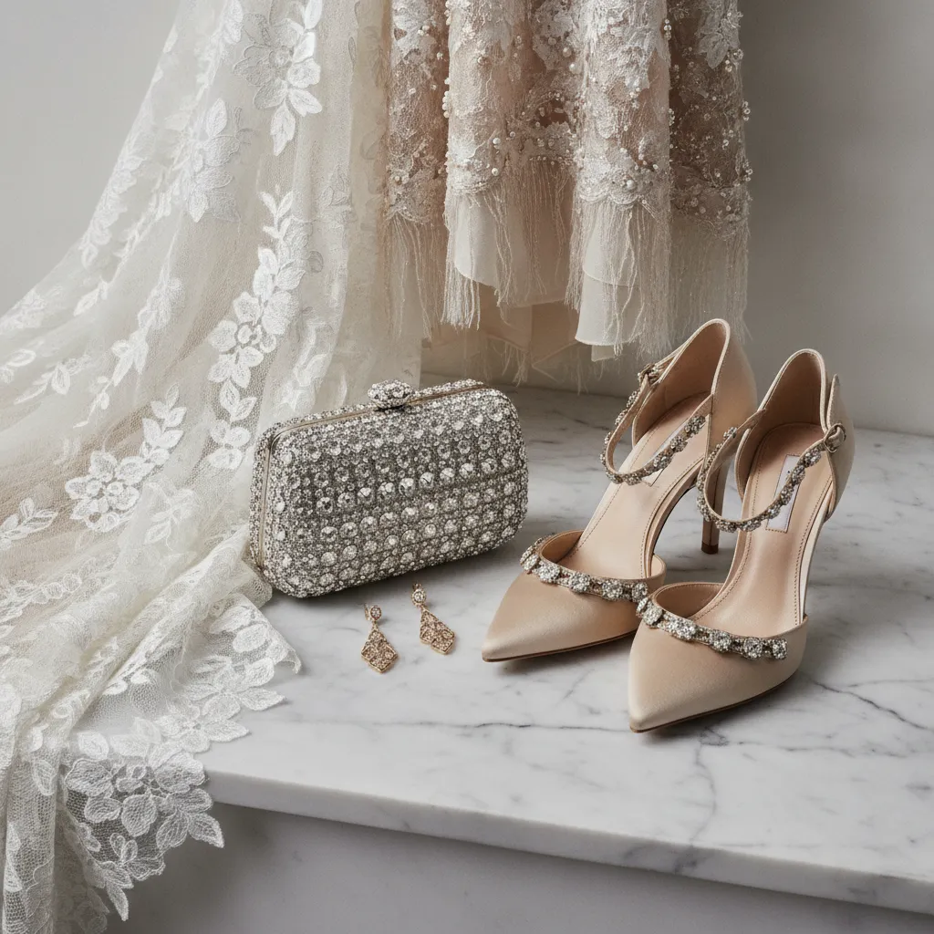 Minaudière à cristaux, escarpins en soie et boucles d'oreilles dorées : l'accessoirisation transforme définitivement la robe nuptiale en tenue de cocktail