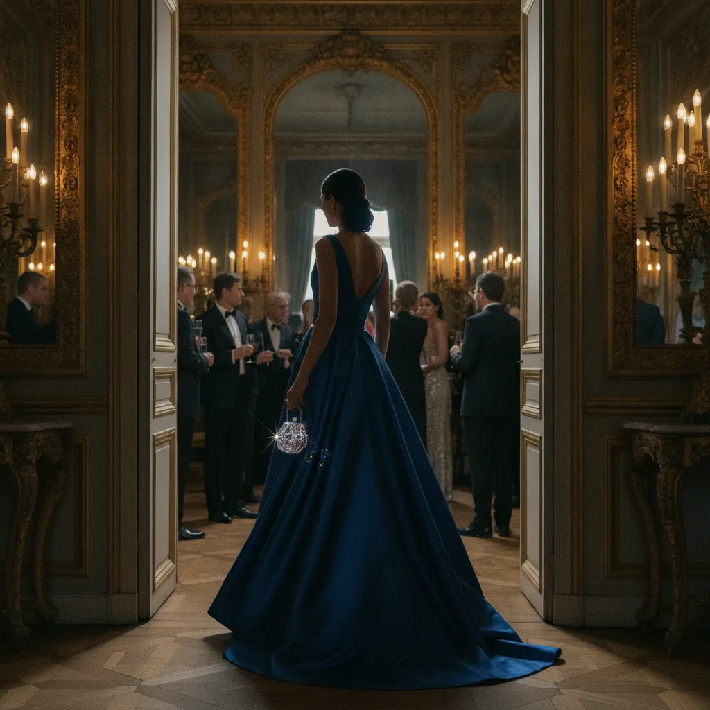 En mariage black tie, la robe longue en satin reste le choix le plus sûr pour une invitée