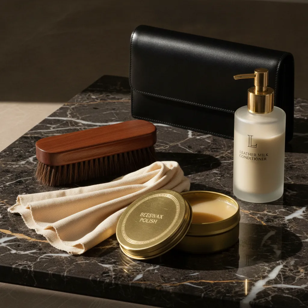 Le kit d'entretien complet : cire d'abeille pour le lisse, lait nourrissant pour le grainé, chamoisine et brosse souple