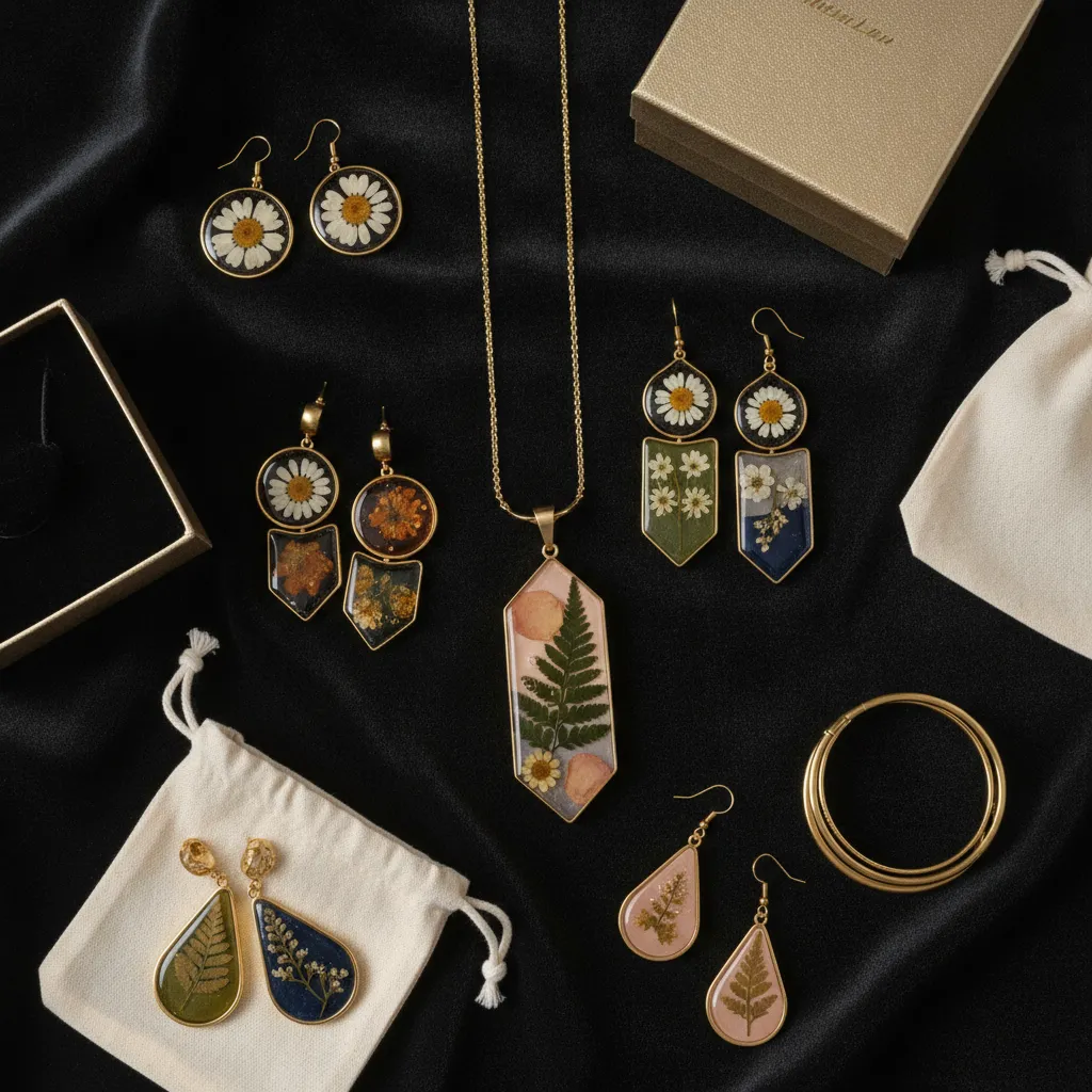 Une collection cohérente de bijoux fantaisie artisanaux : la résine à inclusion de fleurs séchées permet des pièces uniques vendues entre 45 et 120 euros