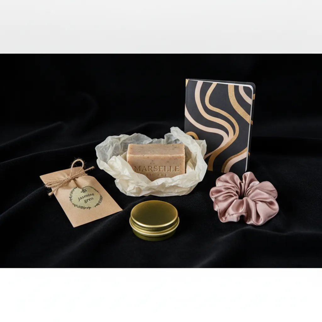 Cinq cadeaux à moins de 10 euros : savon, thé, chouchou satin, baume à lèvres et carnet illustré