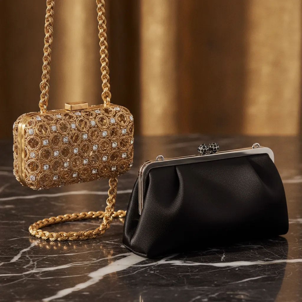 Le travail d'orfèvrerie d'une minaudière Métiers d'Art face au satin duchesse d'une pochette Dior : deux savoir-faire, deux univers de prix