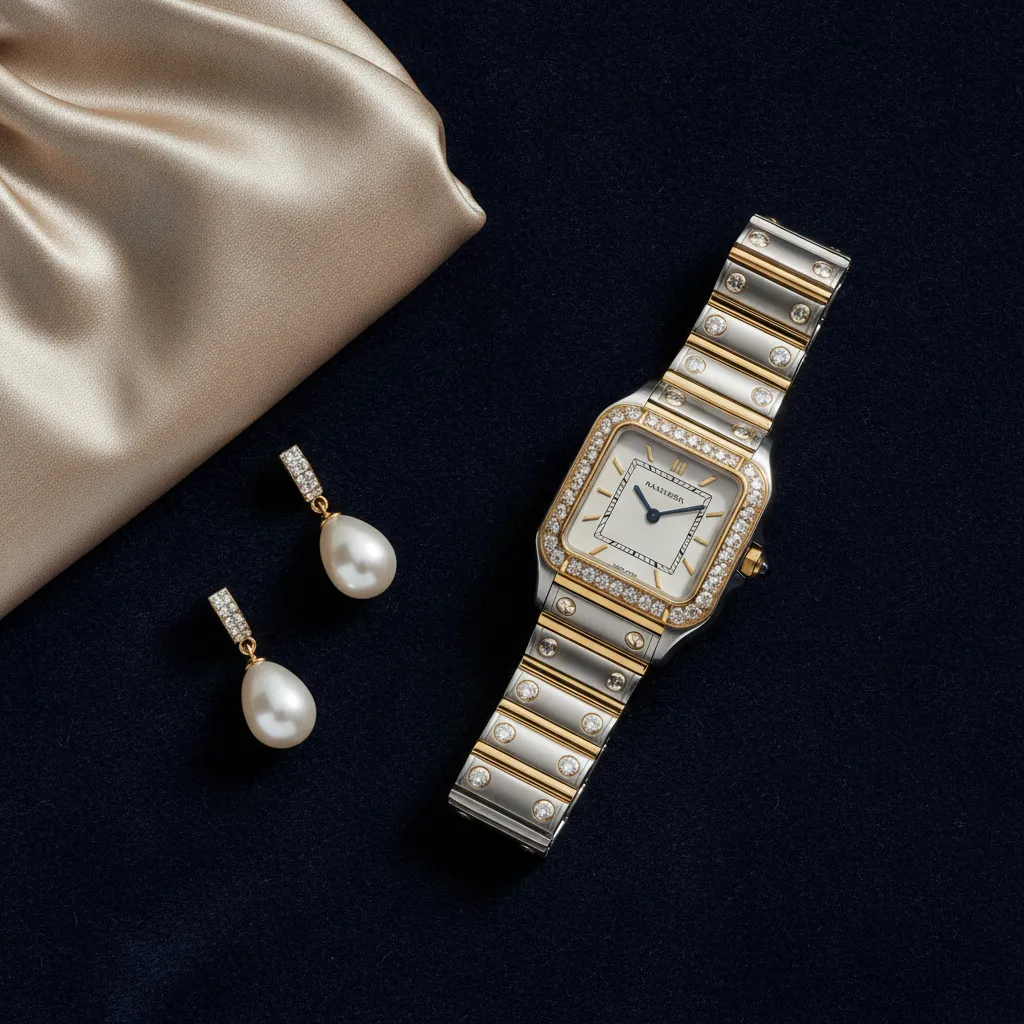 Association classique : montre bijou sertie, pochette satin et perles pour une tenue de soirée parisienne