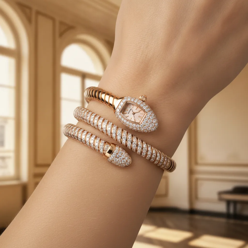 Le bracelet-montre serpent en or rose serti : quand l'horlogerie devient sculpture joaillière au poignet