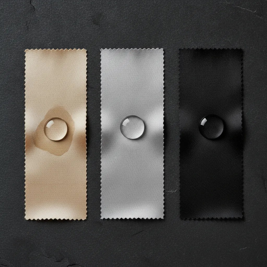 Test de la goutte d'eau : la soie absorbe immédiatement, le polyester laisse perler quelques secondes