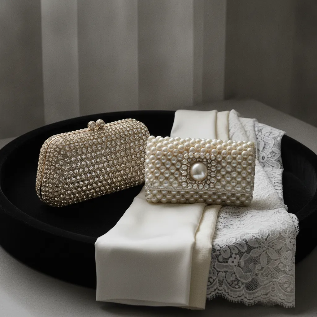 Perles et cristaux créent une surface mosaïque qui atténue les écarts de ton entre pochette et robe