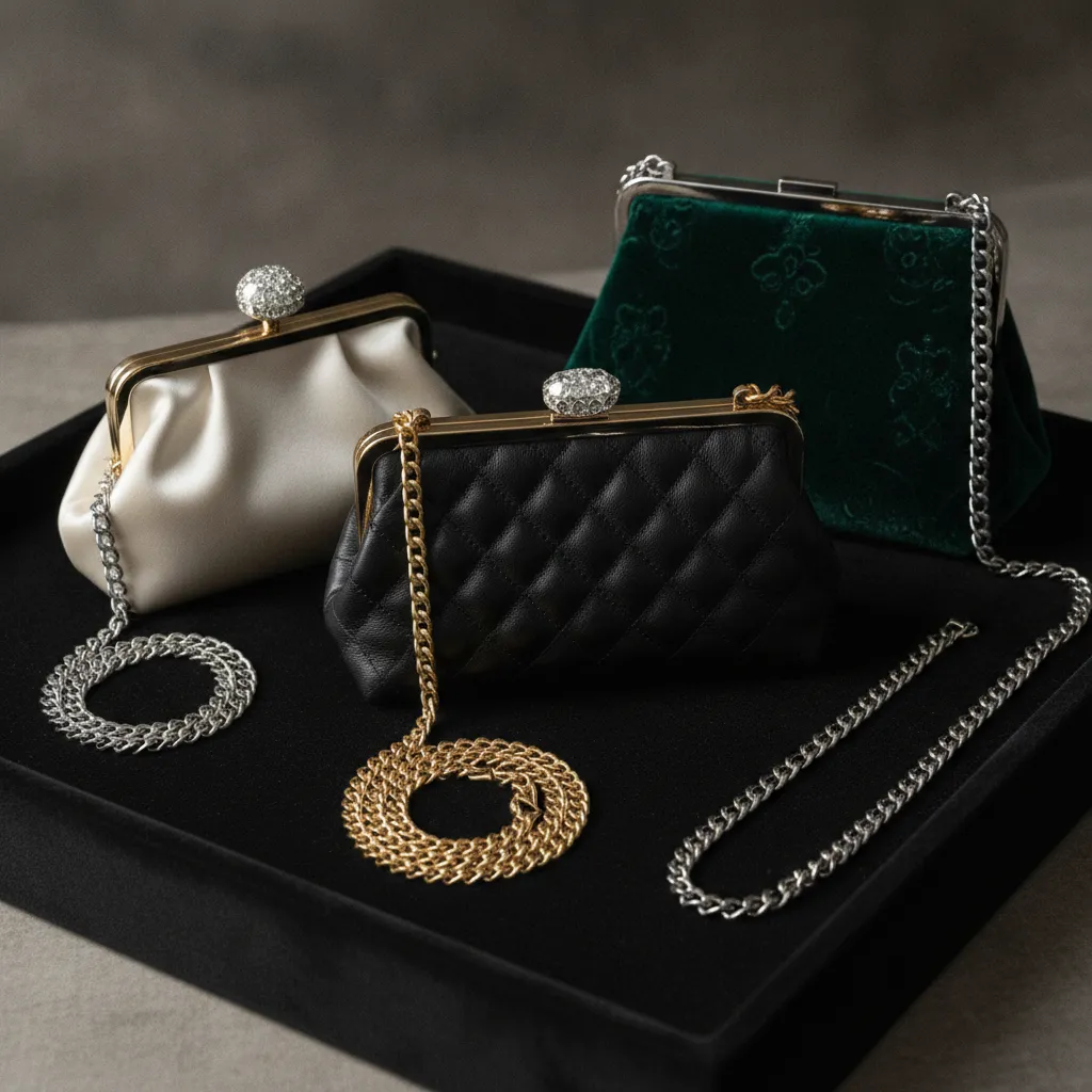 Trois modèles convertibles pochette-bandoulière : la chaîne amovible permet de s'adapter à chaque moment de la soirée