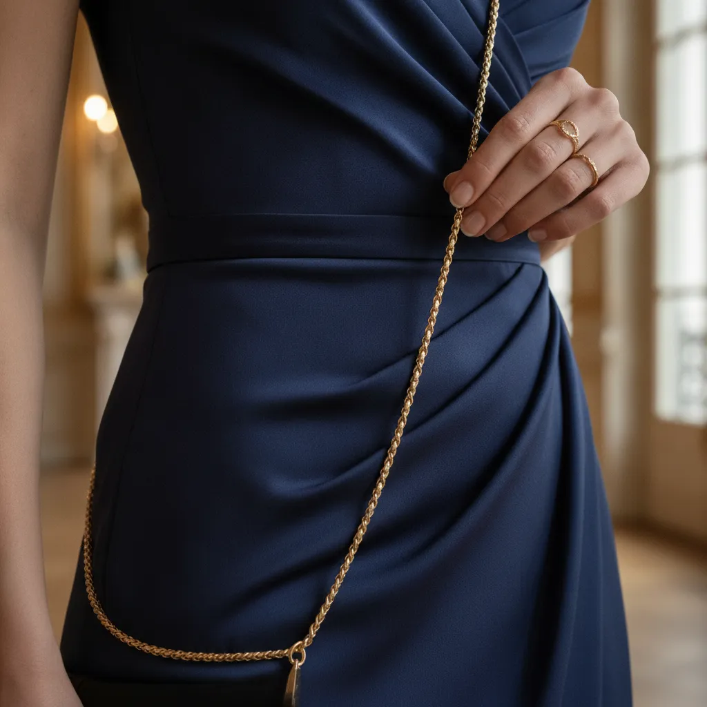 Le porté en sautoir sur robe longue : la chaîne doit tomber entre la hanche et le haut de la cuisse pour un effet maîtrisé