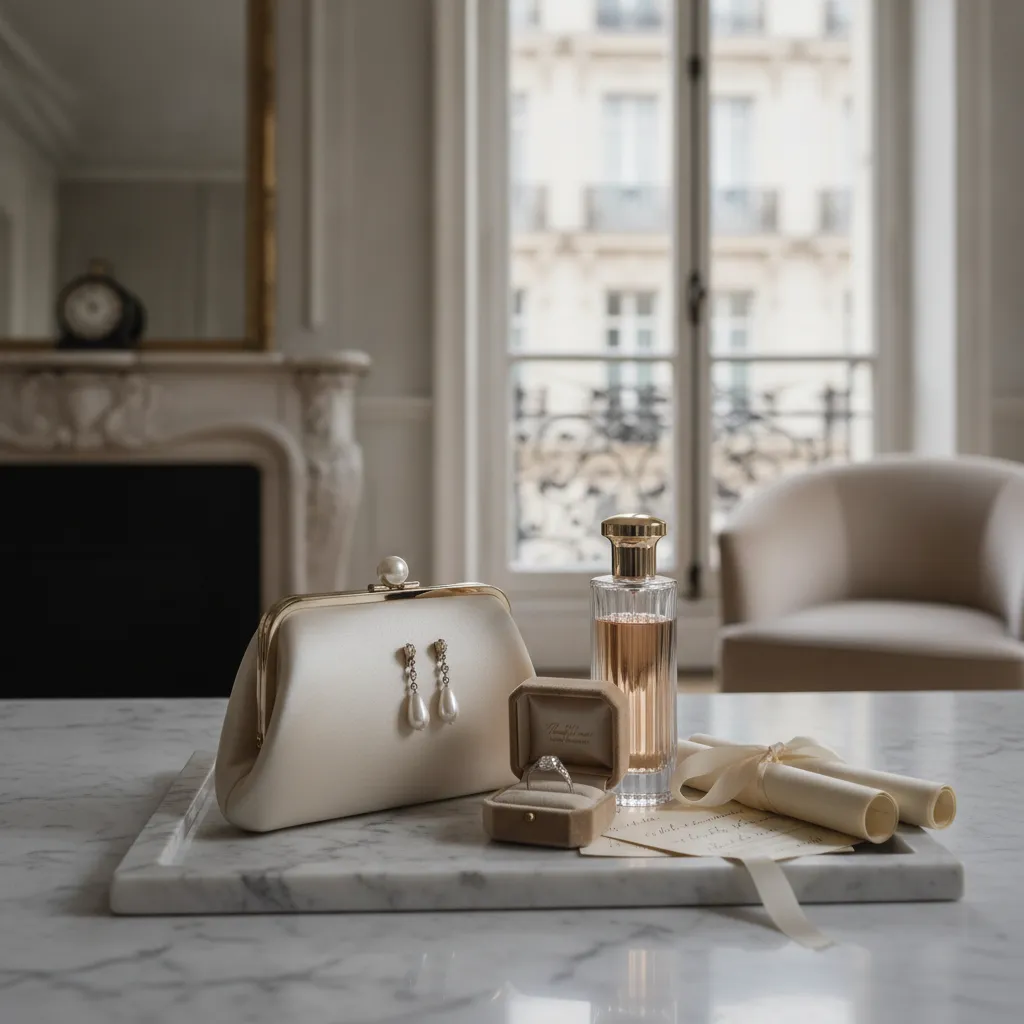 Les accessoires de la mariée (pochette, bijoux, parfum) constituent un sujet photographique à part entière lors des préparatifs