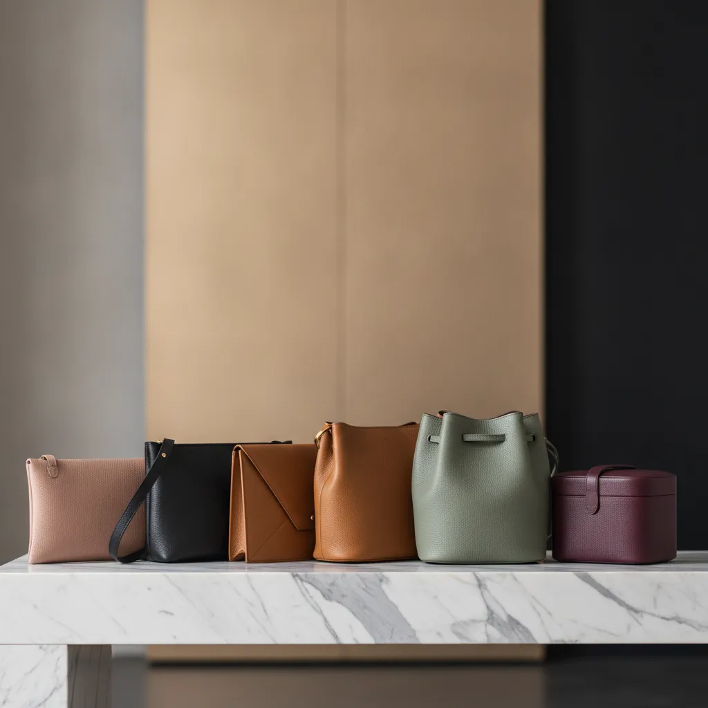 Les cinq teintes universelles du sac uni : nude rosé, noir mat, cognac, vert sauge et bordeaux couvrent la quasi-totalité des imprimés fleuris