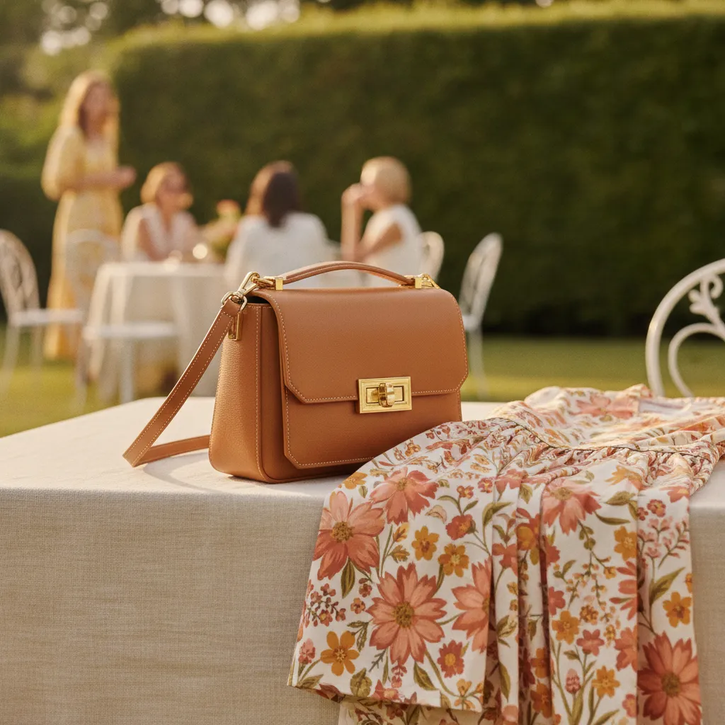 Le sac bandoulière cognac de format compact reste le meilleur allié d'une robe fleurie à tons chauds portée en extérieur