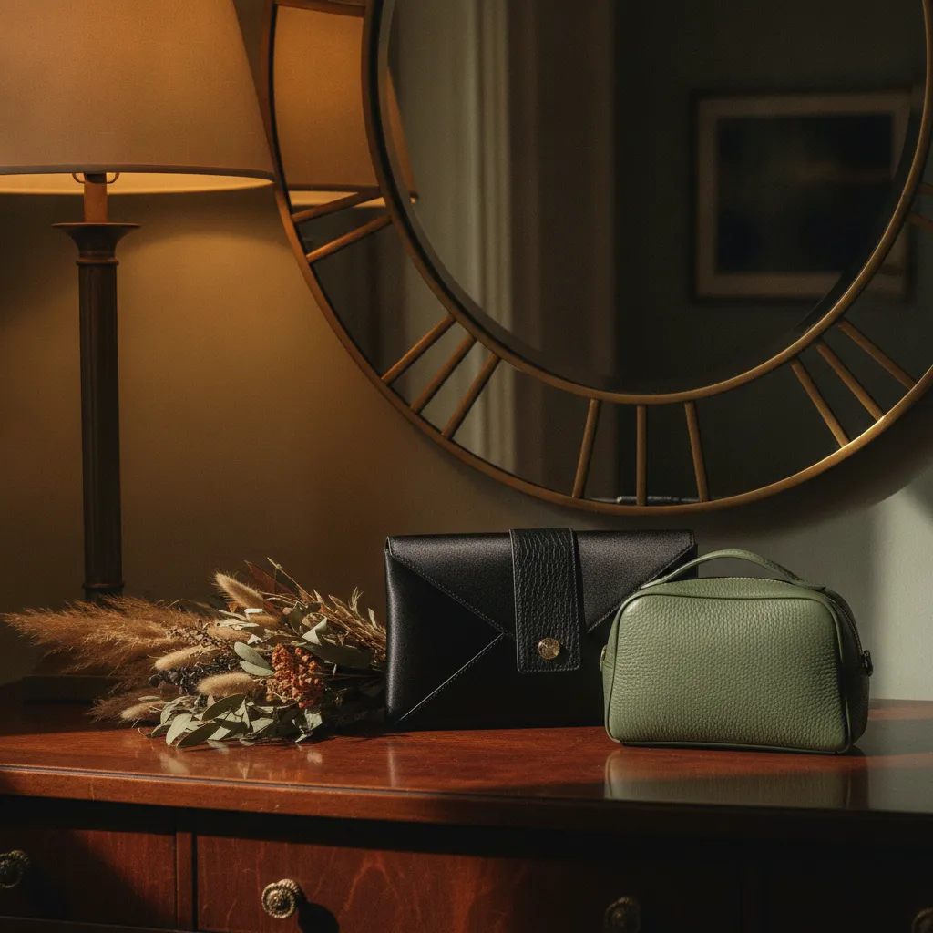 En soirée, la pochette noire mate et la minaudière vert sauge jouent les contrepoints discrets face à un imprimé floral sombre
