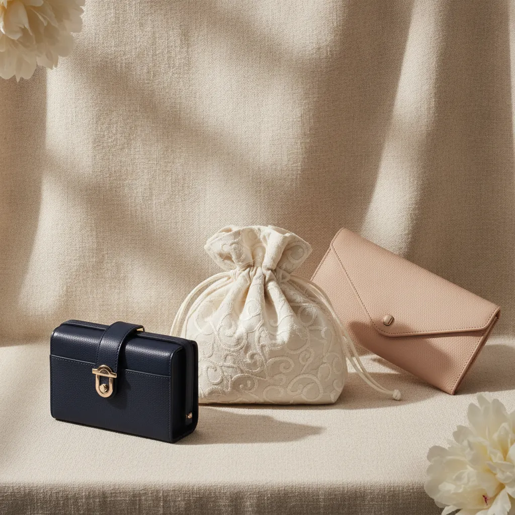 Trois formats de cérémonie : le box bag structuré marine, l'aumônière brodée et la pochette enveloppe en cuir grainé rose poudré