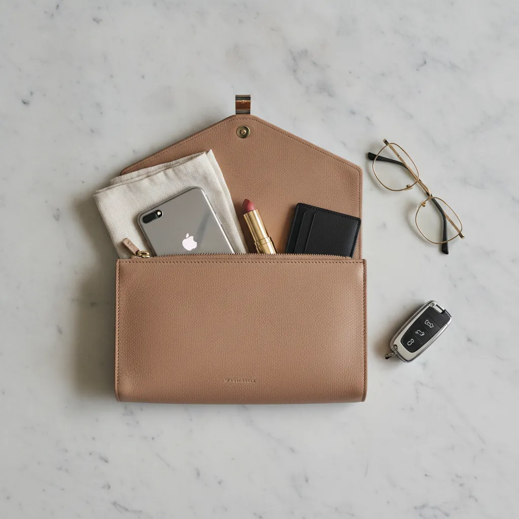 Le contenu idéal d'un sac de cérémonie : téléphone, mouchoir, rouge à lèvres, porte-cartes et clé de voiture