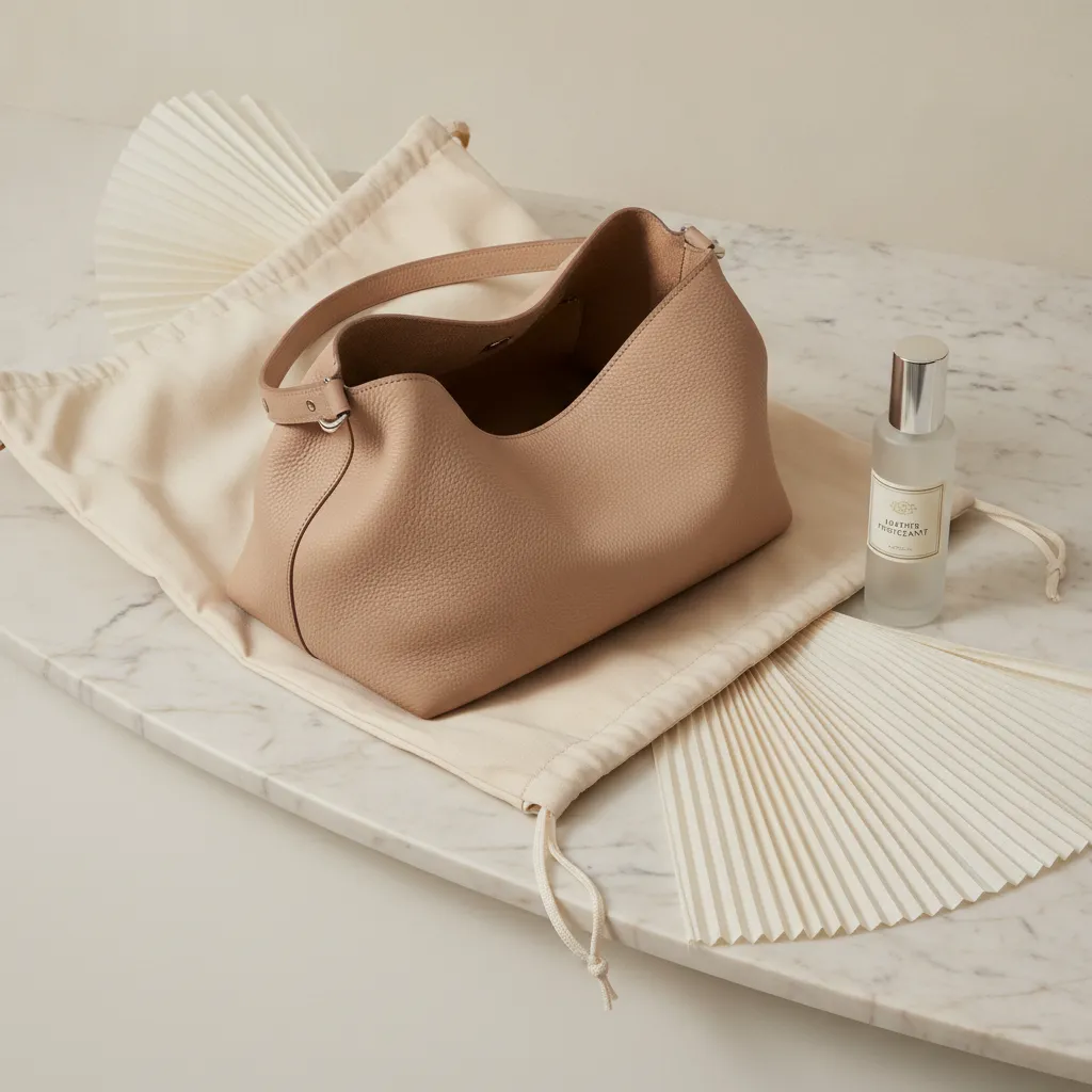 Un sac nude exige un entretien rigoureux : spray protecteur, dust bag et papier de soie pour conserver l'éclat du cuir clair