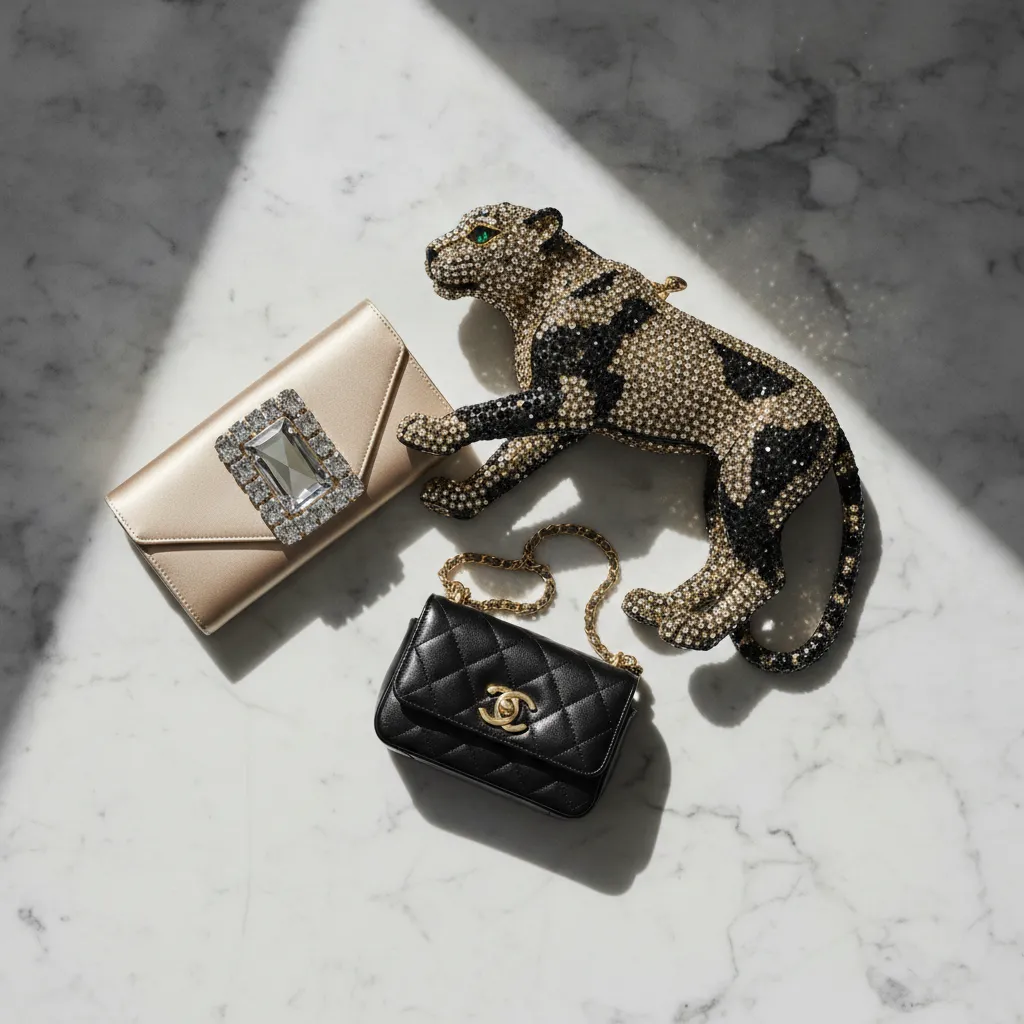 Trois formats pour le gala : minaudière figurative en cristal, pochette plate à boucle strass et micro-sac à chaîne, chacun pensé pour ne pas dépasser 24 cm de large
