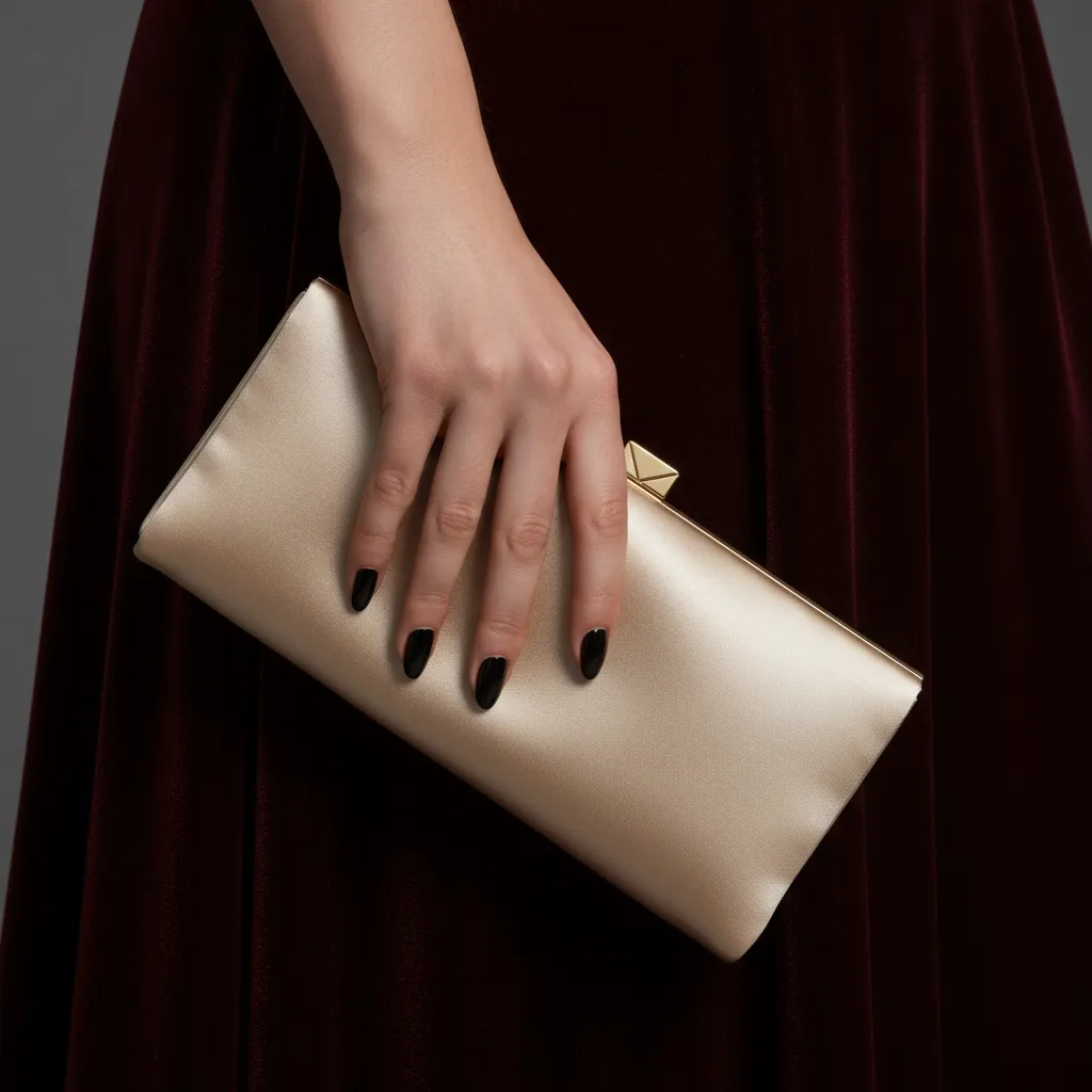 L'accord velours-satin duchesse : la texture mate de la robe et l'éclat subtil de la pochette créent un contraste maîtrisé sans rupture de ligne