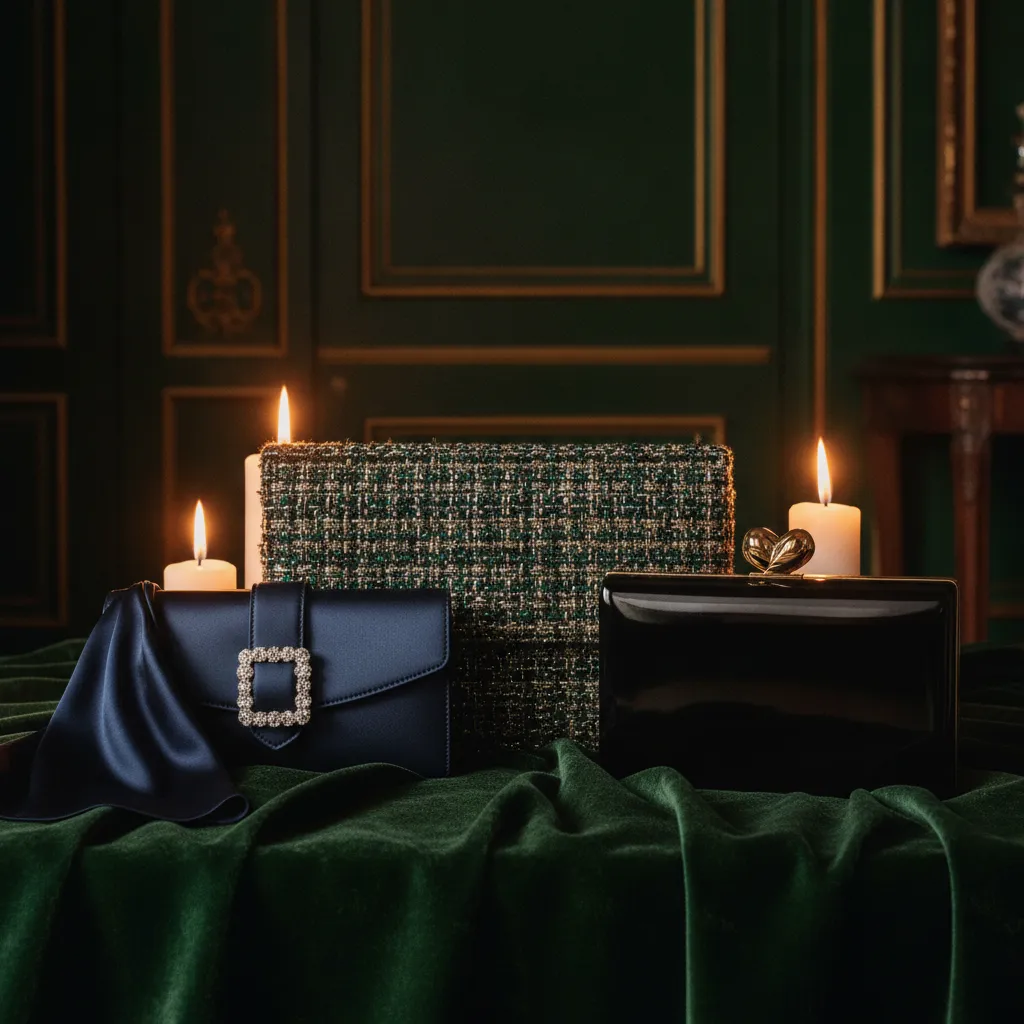 Tweed brodé, satin duchesse bleu nuit et cuir verni noir : le trio de matières qui domine les soirées d'hiver depuis trois décennies