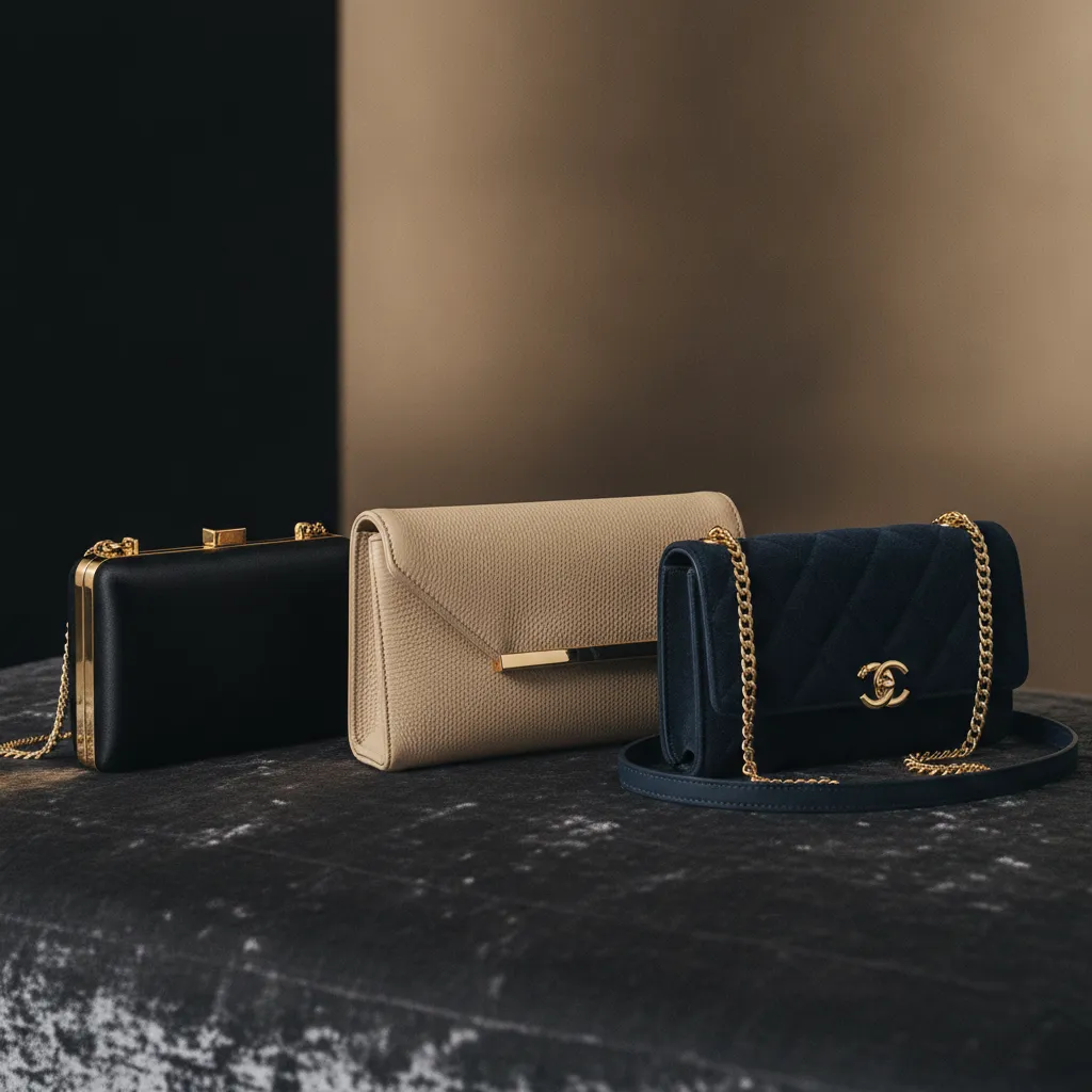 De gauche à droite : minaudière rigide (15 × 10 cm), pochette enveloppe (27 × 17 cm) et wallet on chain (19 × 12 cm), trois formats comparés pour le rôle de témoin