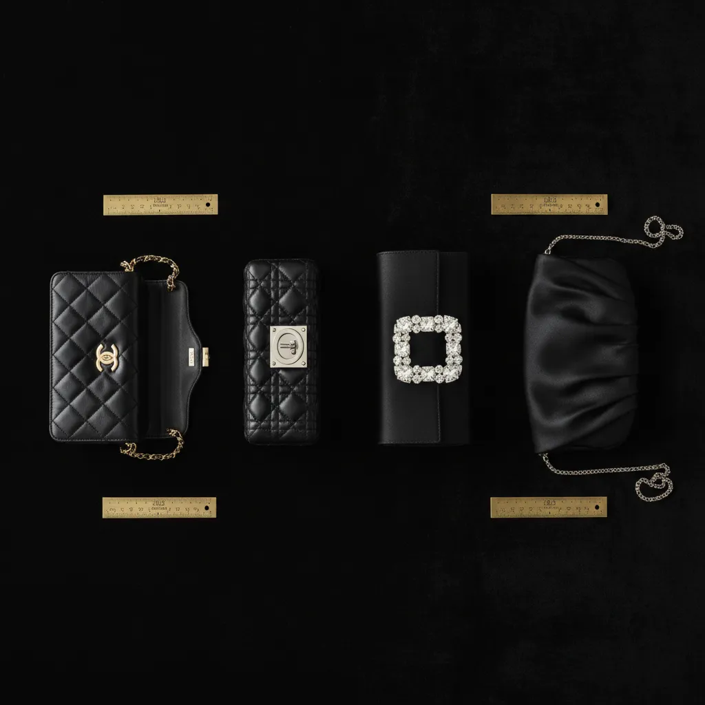 Comparatif visuel des quatre formats phares : WOC matelassé, clutch cannage, pochette cristal et enveloppe satin