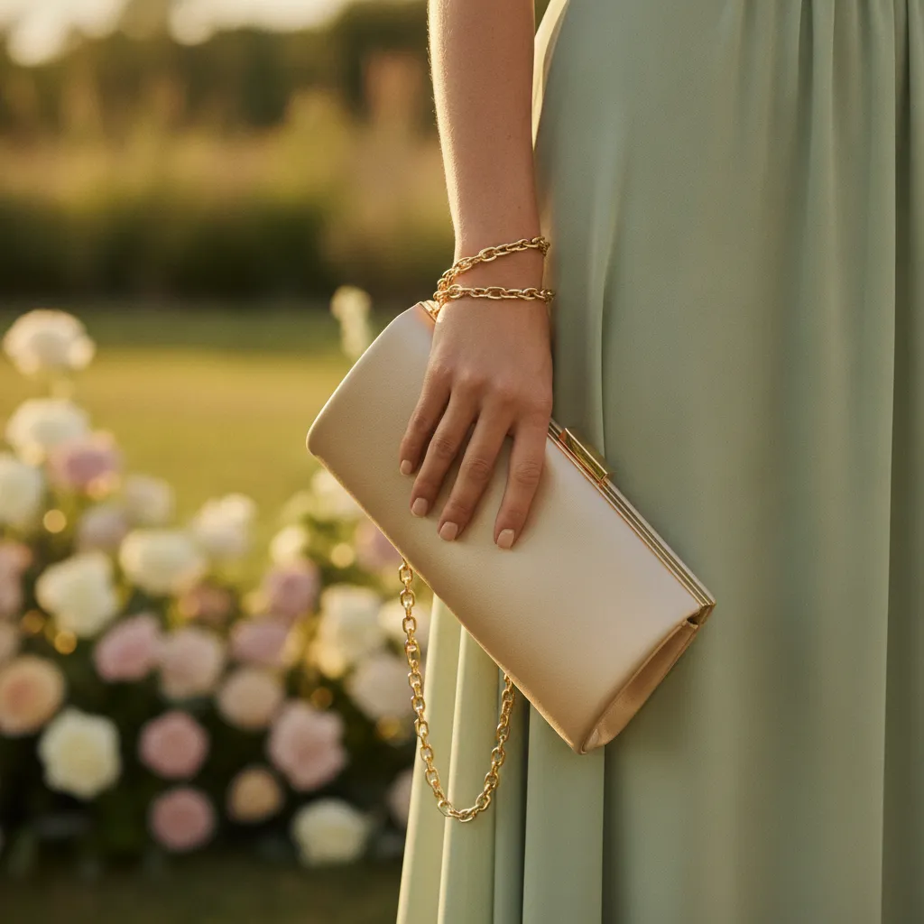 Format bandoulière chaîne en mariage estival : les mains restent libres du cocktail à la piste de danse