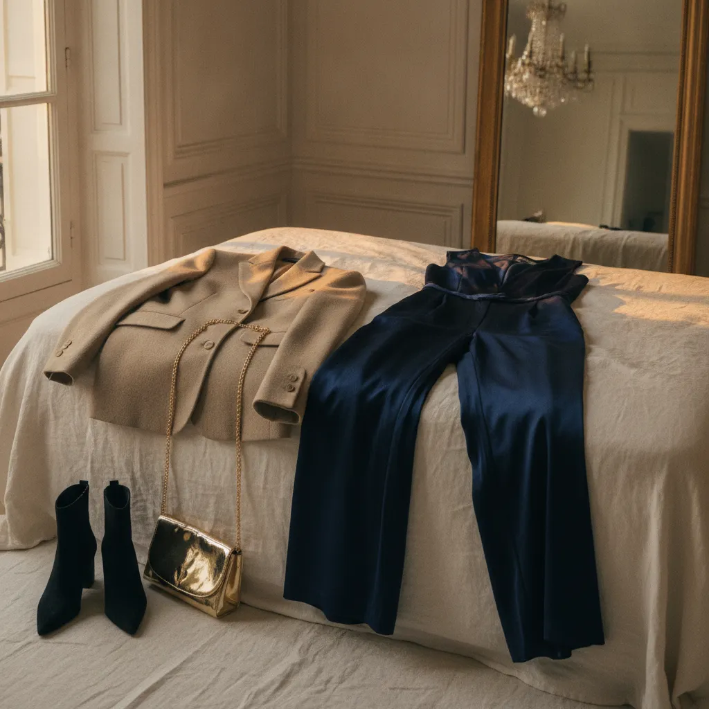 La combinaison pantalon en velours de soie bleu nuit : une alternative au duo robe-manteau qui simplifie la superposition